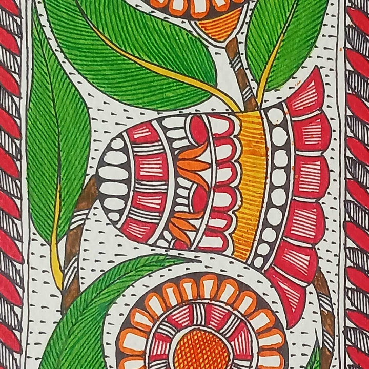 16 x 6 Inch | Flowers & Leaves | Original Hand Painted Madhubani Painting | Acrylic Paints On Paper