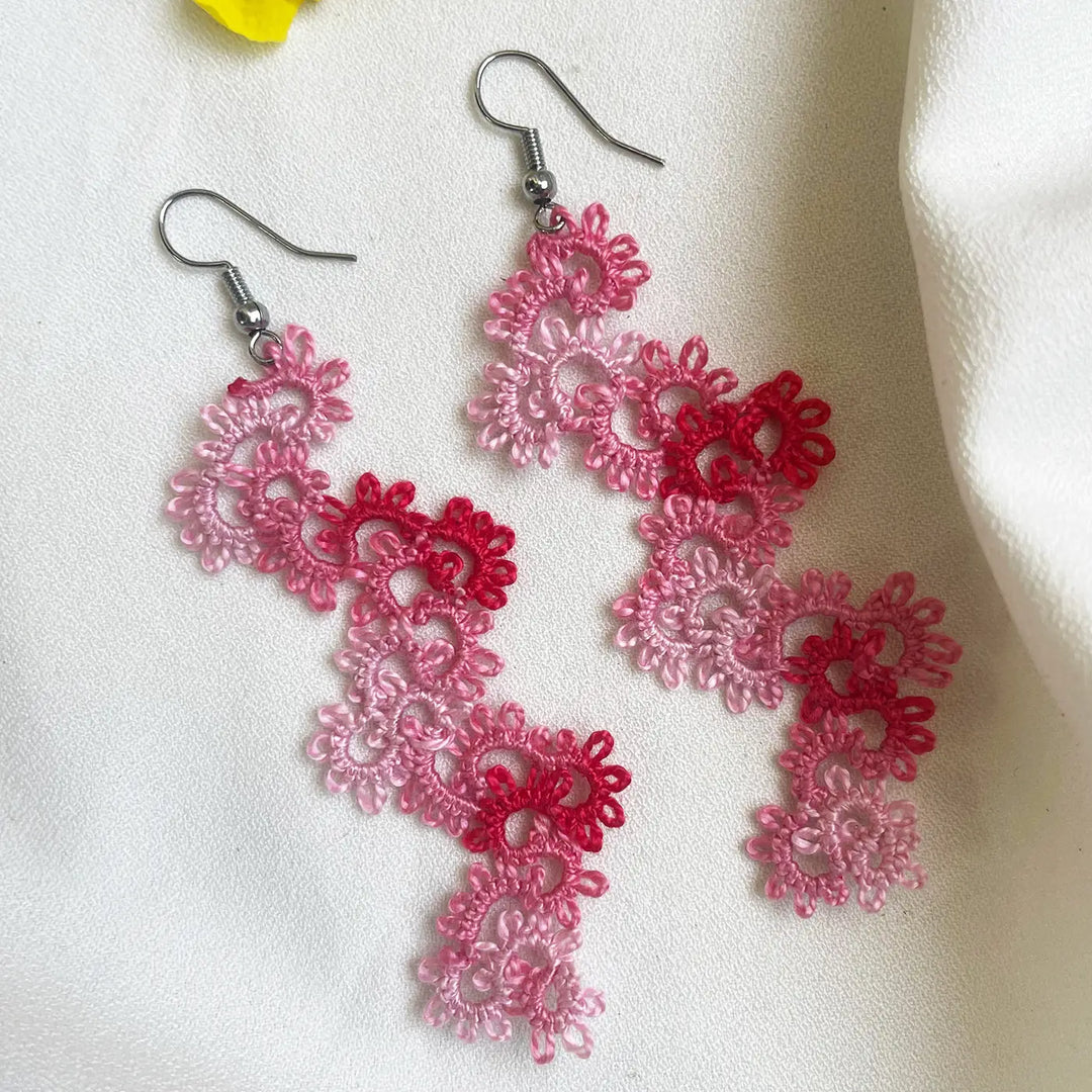 Handmade Tatting Zig - Zag Pattern Cotton Lace Earrings