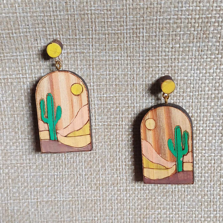 Handmade Cactus & Sun Design Wooden Earrings