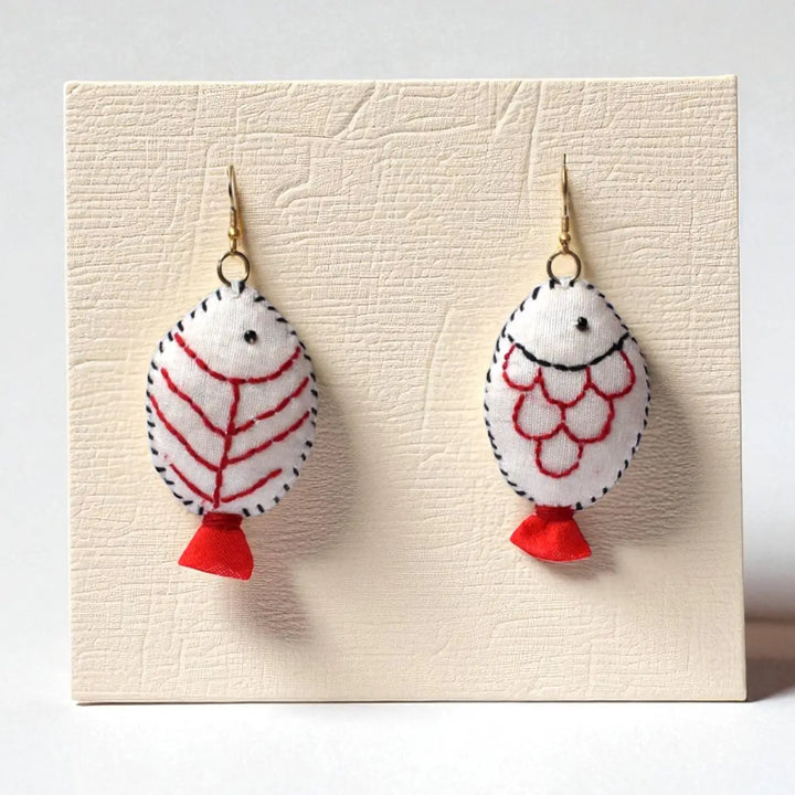 Handmade Textile Art Fish Shaped Hook Dupion Silk Fabric Earrings