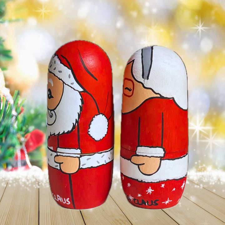 Hand-Painted Mr.Santa And Mrs. Claus Wooden Dolls For Christmas Decoration | Set Of 2