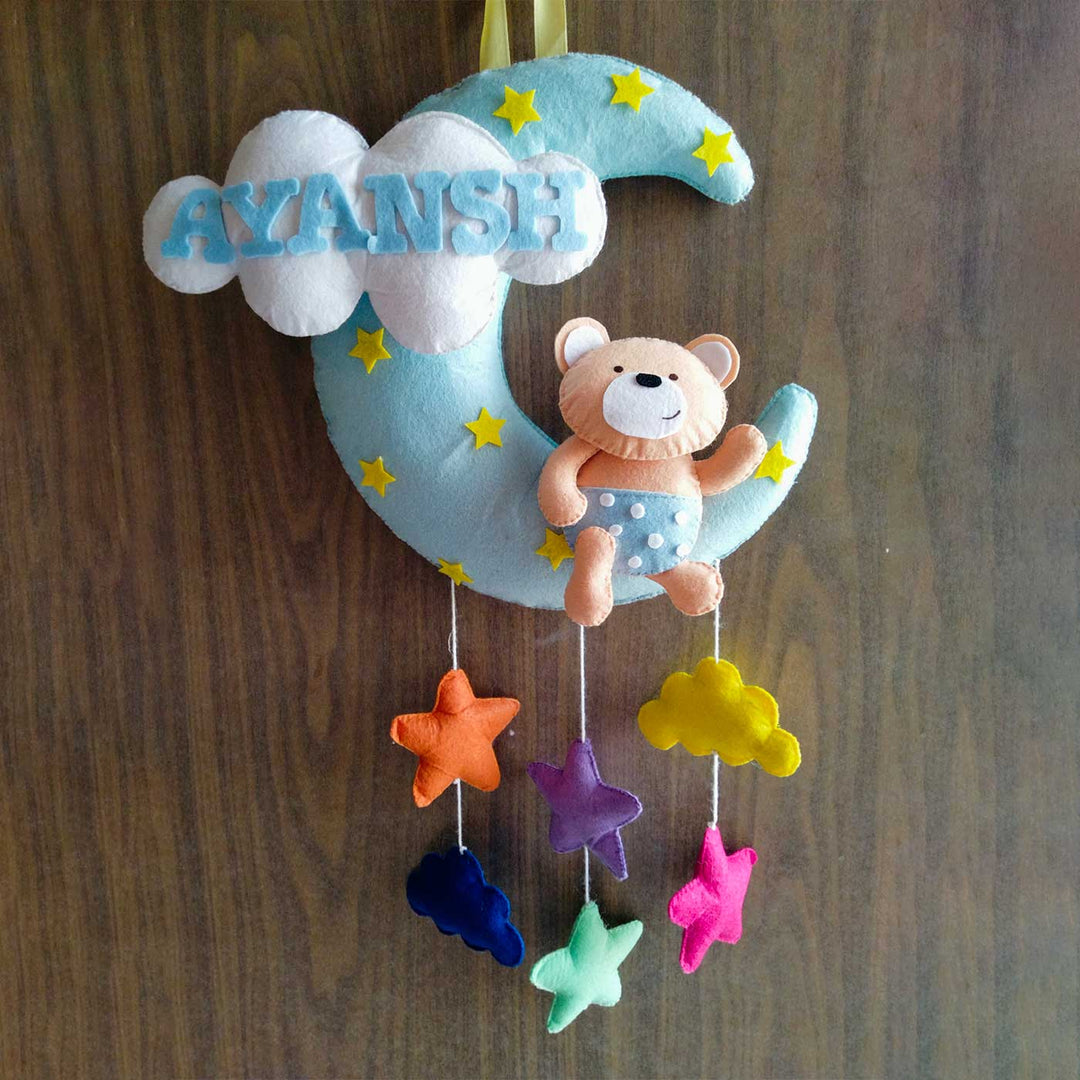 Personalized Teddy On Moon Theme Felt Kids Name Plate