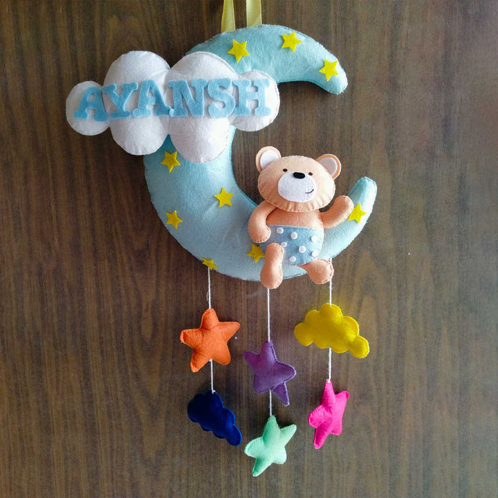 Personalized Teddy On Moon Theme Felt Kids Name Plate