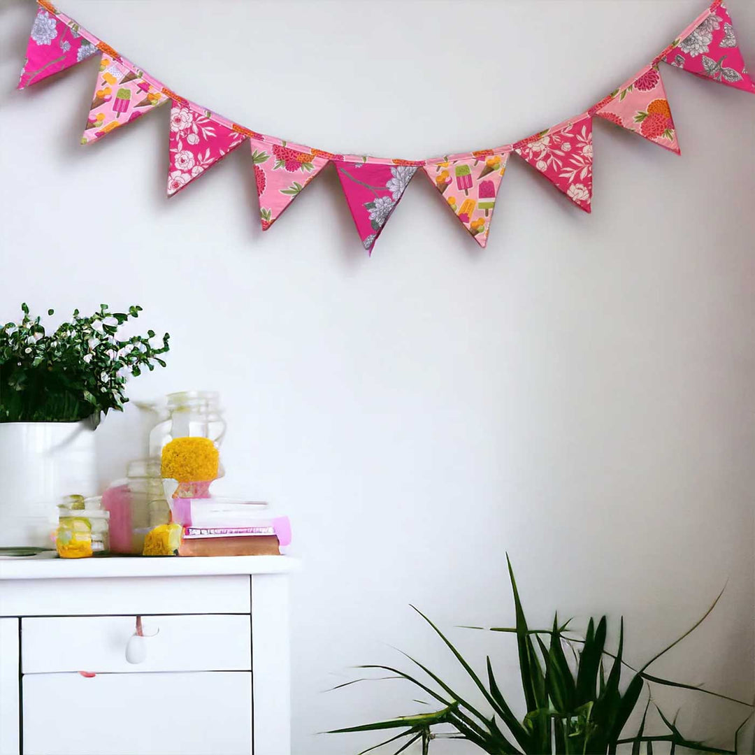 Handmade Pink Floral Upcycled Fabric Bunting
