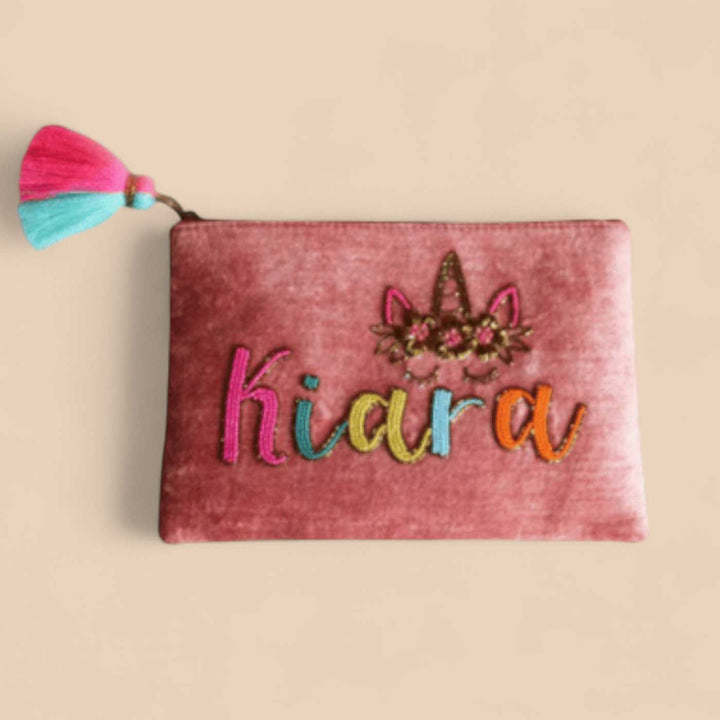 Personalized Handmade Embroidered Multicolor Letters Rust Velvet Pouch
