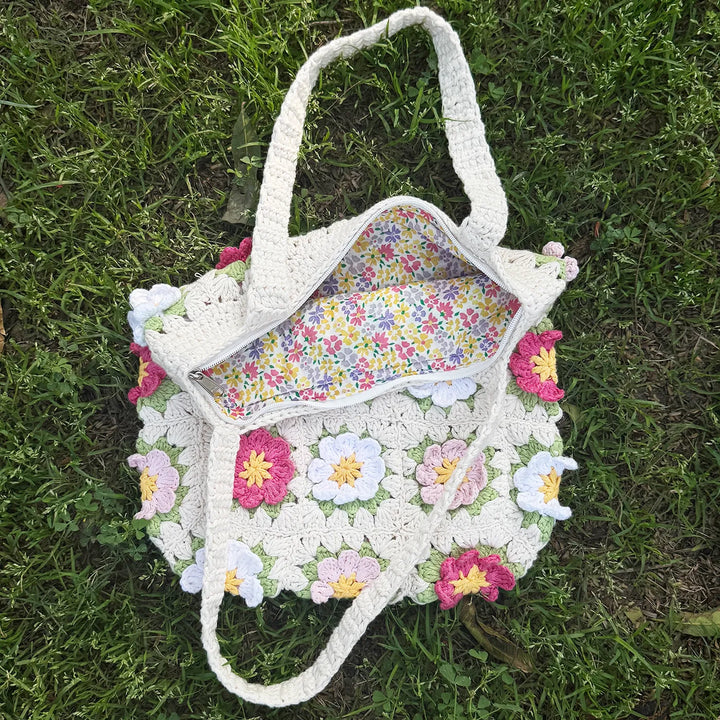 Handmade Crochet Flower Design Cotton Tote Bag