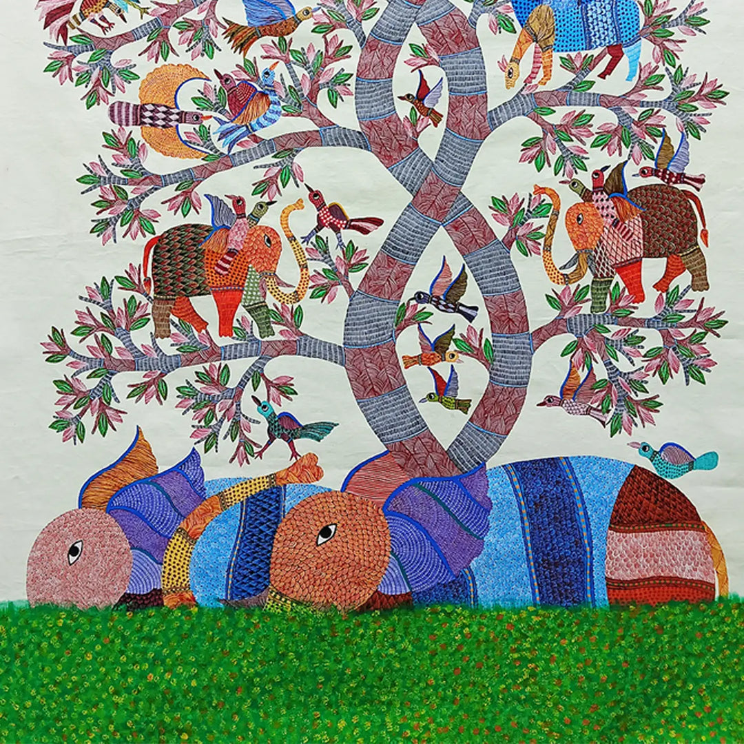 48 x 63 Inch | Rabbit & Birds | Original Hand Painted Tribal Gond Art Painting | Acrylic Paints On Canvas