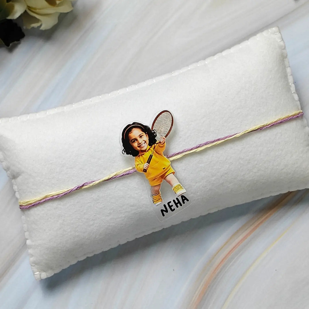 Photo Personalized Reusable Caricature Badminton Theme Acrylic Kids Rakhi