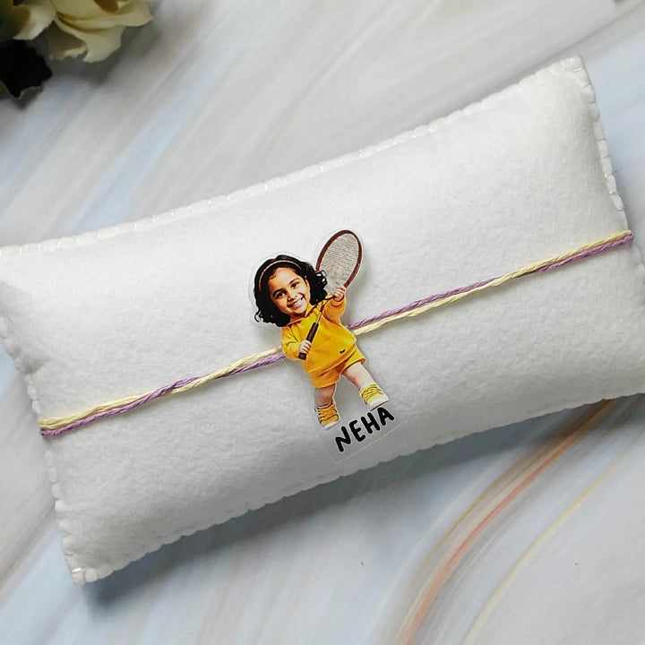 Photo Personalized Reusable Caricature Badminton Theme Acrylic Kids Rakhi