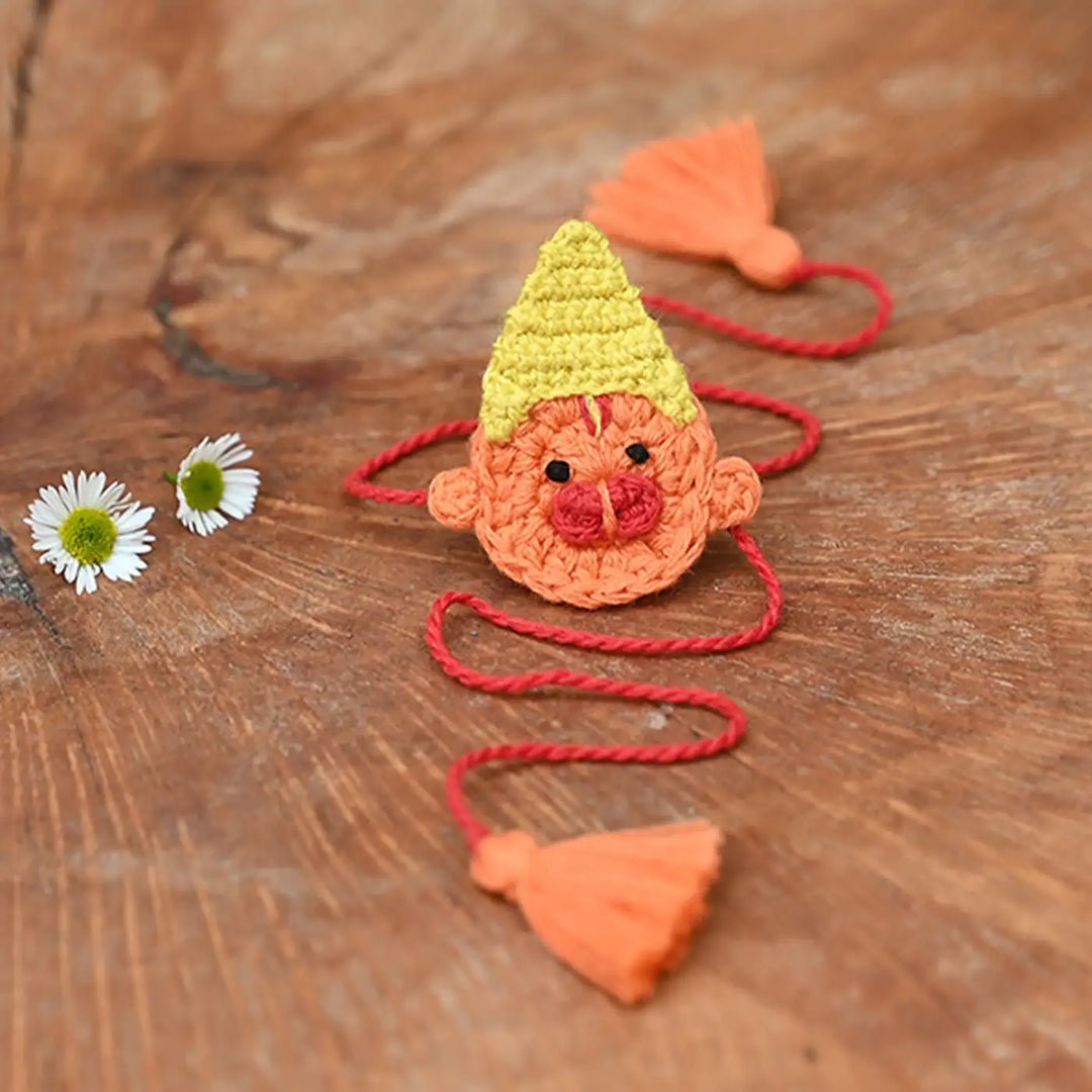 Handmade Crochet Hanuman Theme Kids Rakhi With Roli Chawal