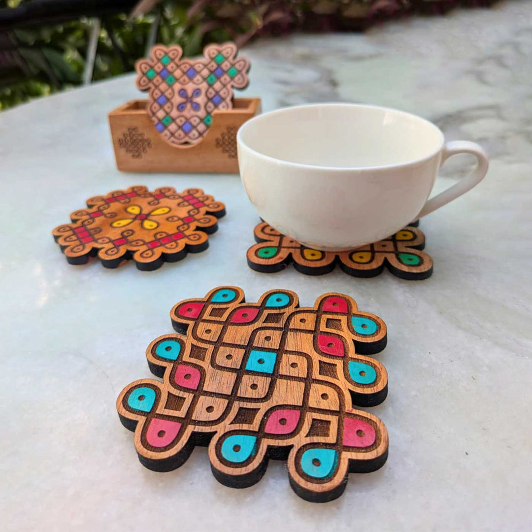 4 pc | Hand-Painted Engraved Mahogany Wood Kolam Coasters With Holder For Coffee Table & Dining Decor
