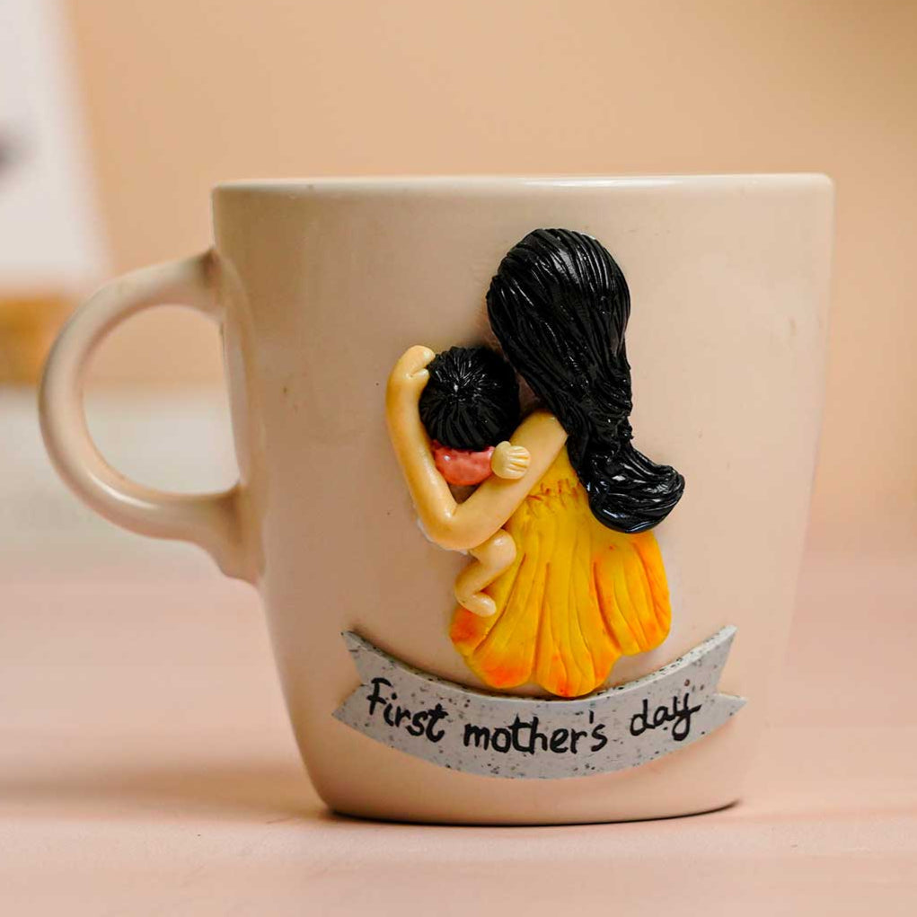 Personalized Hand-Painted Polymer Clay Mother's Day Theme Ceramic Mug Glossy Beige