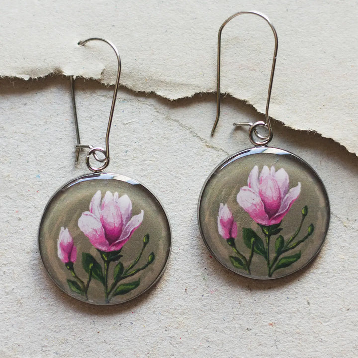 Illustrated Magnolia Flower Design Resin & Stainless Steel Earrings