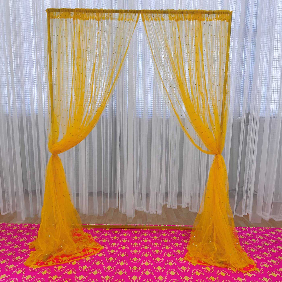 Reusable Sheer Yellow Net Backdrop Drape, Ready-to-Hang For Haldi, Mehndi & Pooja Decor