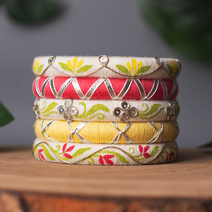 Multicolor Handcrafted Delicate Thread Work Bangles | Set of 5