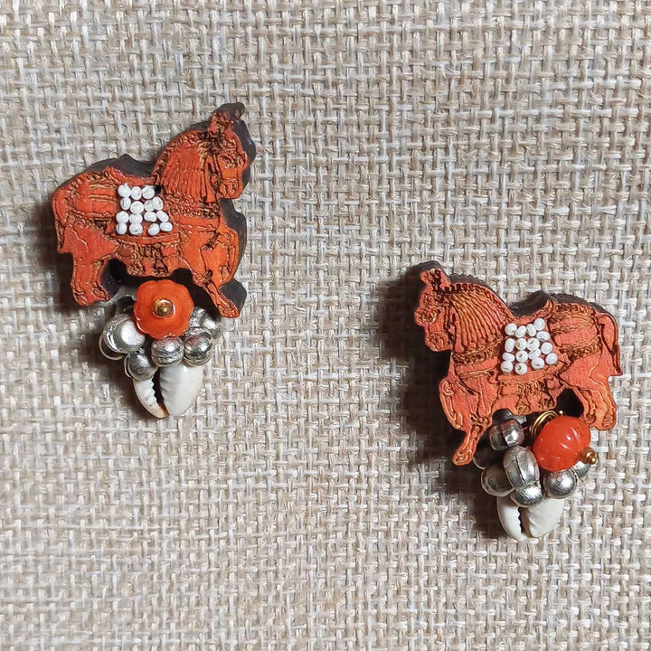 Handmade Beaded Brown Horse Ghungroo Wooden Earrings