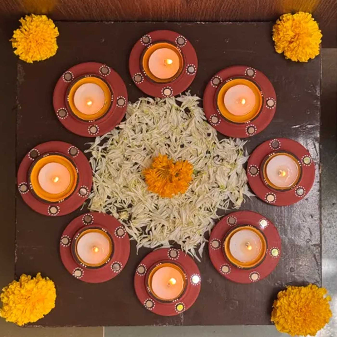 Set of 8 | Natural Finish Hand-Painted Terracotta Disc Diya Tealight Holders For Festive Decor