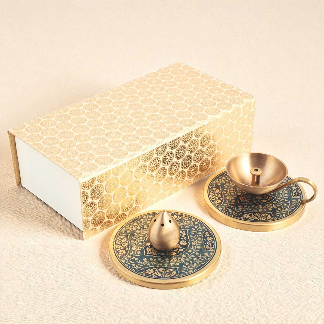 Hand-Painted Omkar Brass Gift Hamper | Includes 1 Diya, 1 Incense Holder And 1 Gift Box