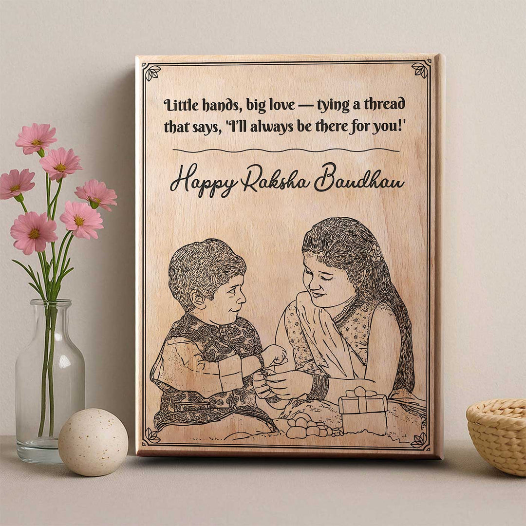 Photo Personalized Engraved Cute Bro Sis Theme Square Wooden Decorative Plaque Rakhi Hamper Includes 1 Rakhi 1 Plaque 1 Chocolate 1 Card And 1 Rakhi Plate - Plaque Front View with Decor