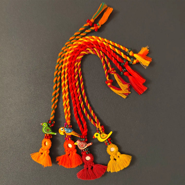 Handmade Mirror Work Multicolour Bird Lumba Rakhi For Bhabhi With Roli Chawal | Set Of 4