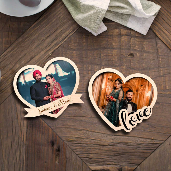 Photo Personalized Printed Heart Shaped Wooden Fridge Magnet | Set Of 2