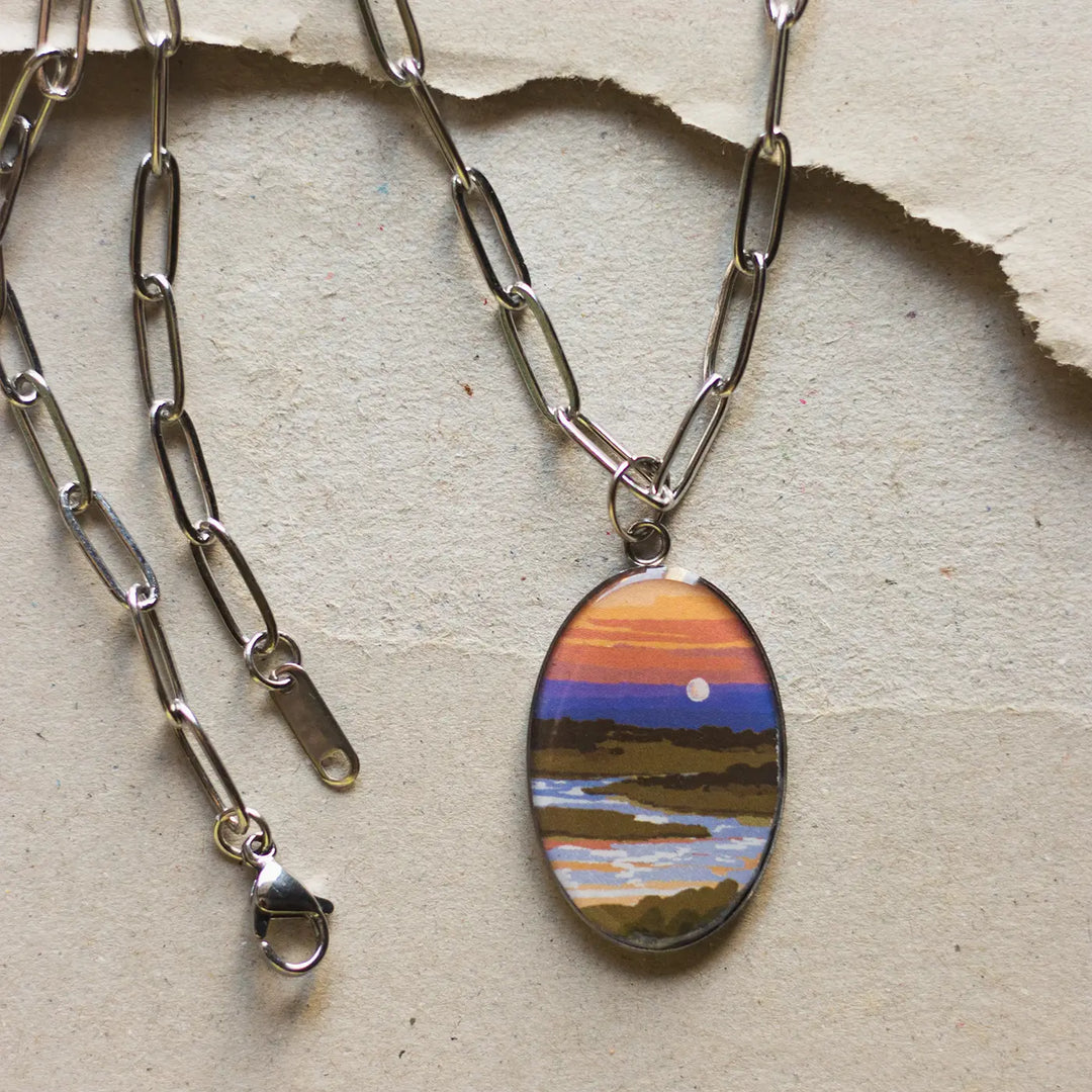 Illustrated Sunset Inspired Resin & Stainless Steel Necklace