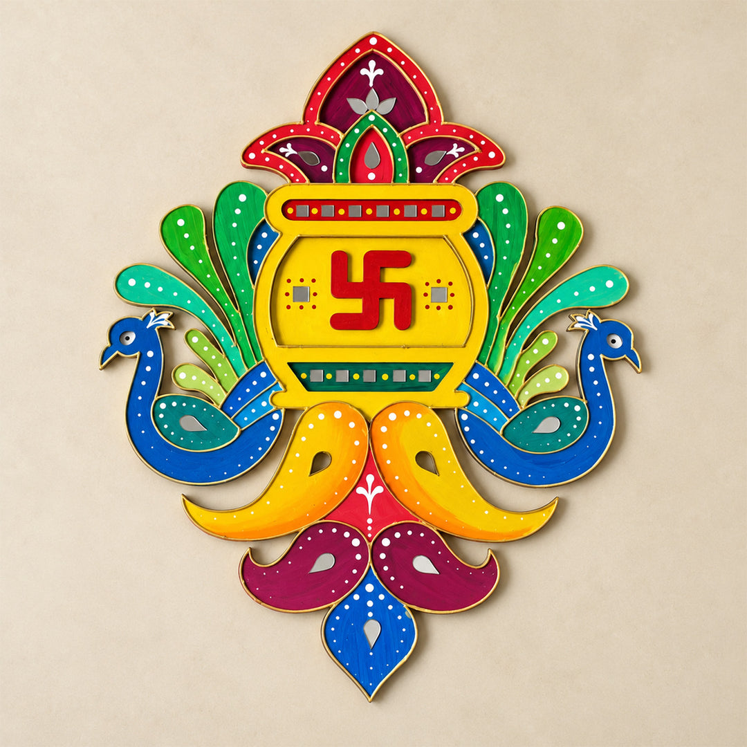 Hand-Painted Shubh Labh Peacock Decorative Rangoli With Mirror Work For Festive Decor