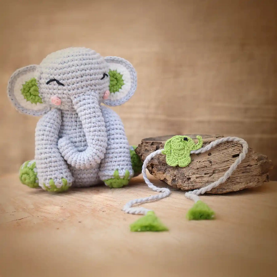 Handmade Crochet Elephant Theme Kids Rakhi And Toy Combo With Roli Chawal Set Of 2 - Crochet Elephant and Necklace Display