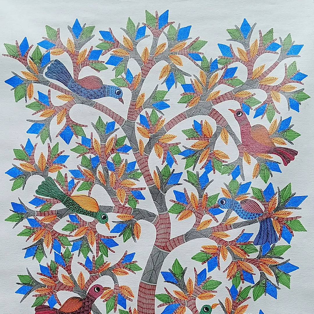 24 x 36 Inch | Tree Of Life With Birds | Original Hand painted Tribal Gond Art Painting | Acrylic Paints On Canvas