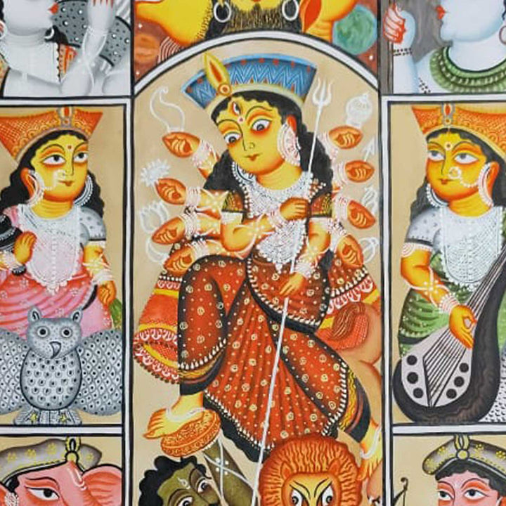 14 x 22 Inch | Durga Mahishasura Mardini | Original Hand Painted Kalighat Painting | Natural Colors On Paper