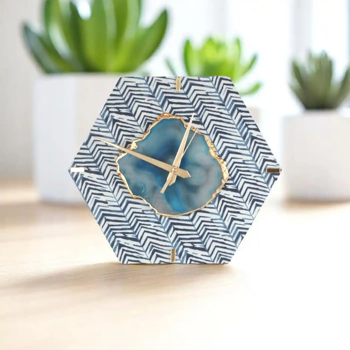 Blue Hexagon Fabric Coated MDF Wall Clock With Agate Accent | 12 inch