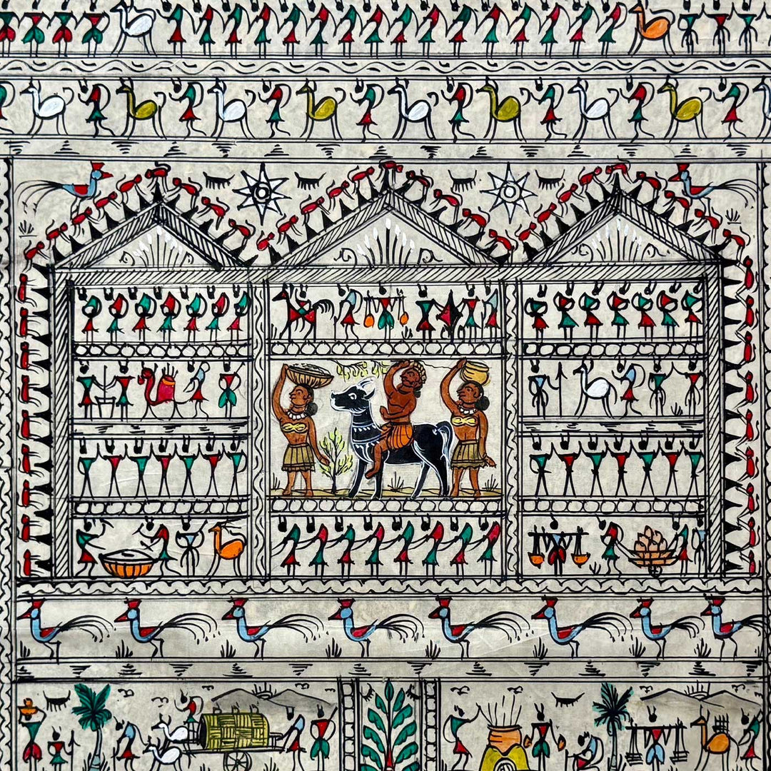 40 X 16 Inch | Handmade Tussar Silk Saura Tribal Art Of Odisha Painting