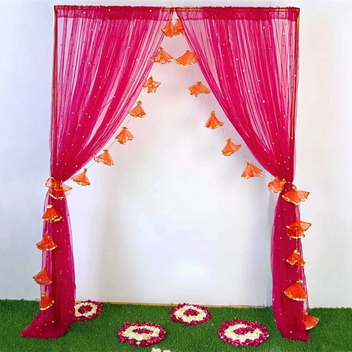 Pink Sheer Drape Backdrop Decor Kit With Stand & Long Orange Tissue Tassels
