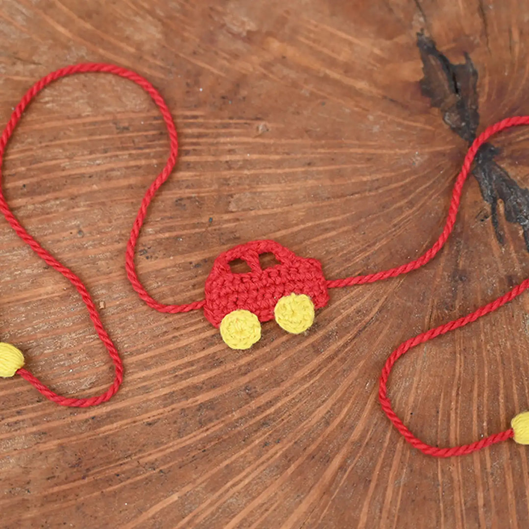 Handmade Crochet Car Theme Kids Rakhi With Roli Chawal