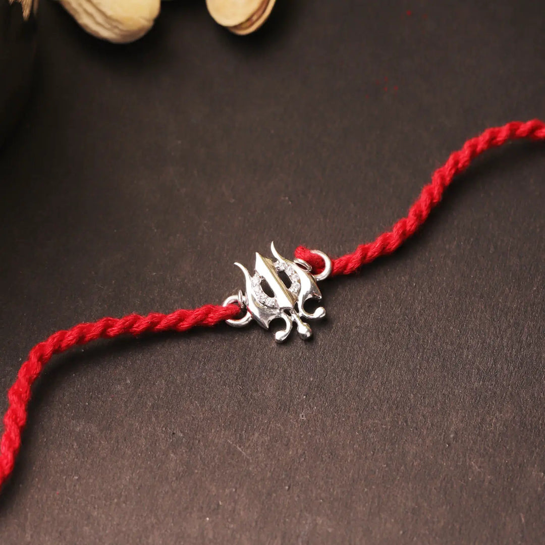 Handmade Pure Silver Trishul Rakhi With Roli Chawal