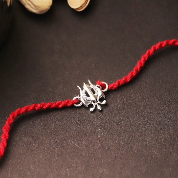 Handmade Pure Silver Trishul Rakhi With Roli Chawal