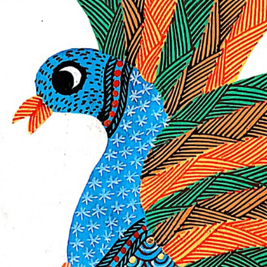6 x 8 Inch | Peacock | Original Hand painted Tribal Gond Art Painting | Acrylic Paints On Paper