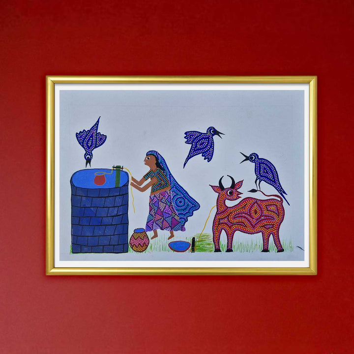 11 x 15 Inch | Morning at the Village Well | Original Hand Painted Bhill Painting | Acrylic Paints On Paper