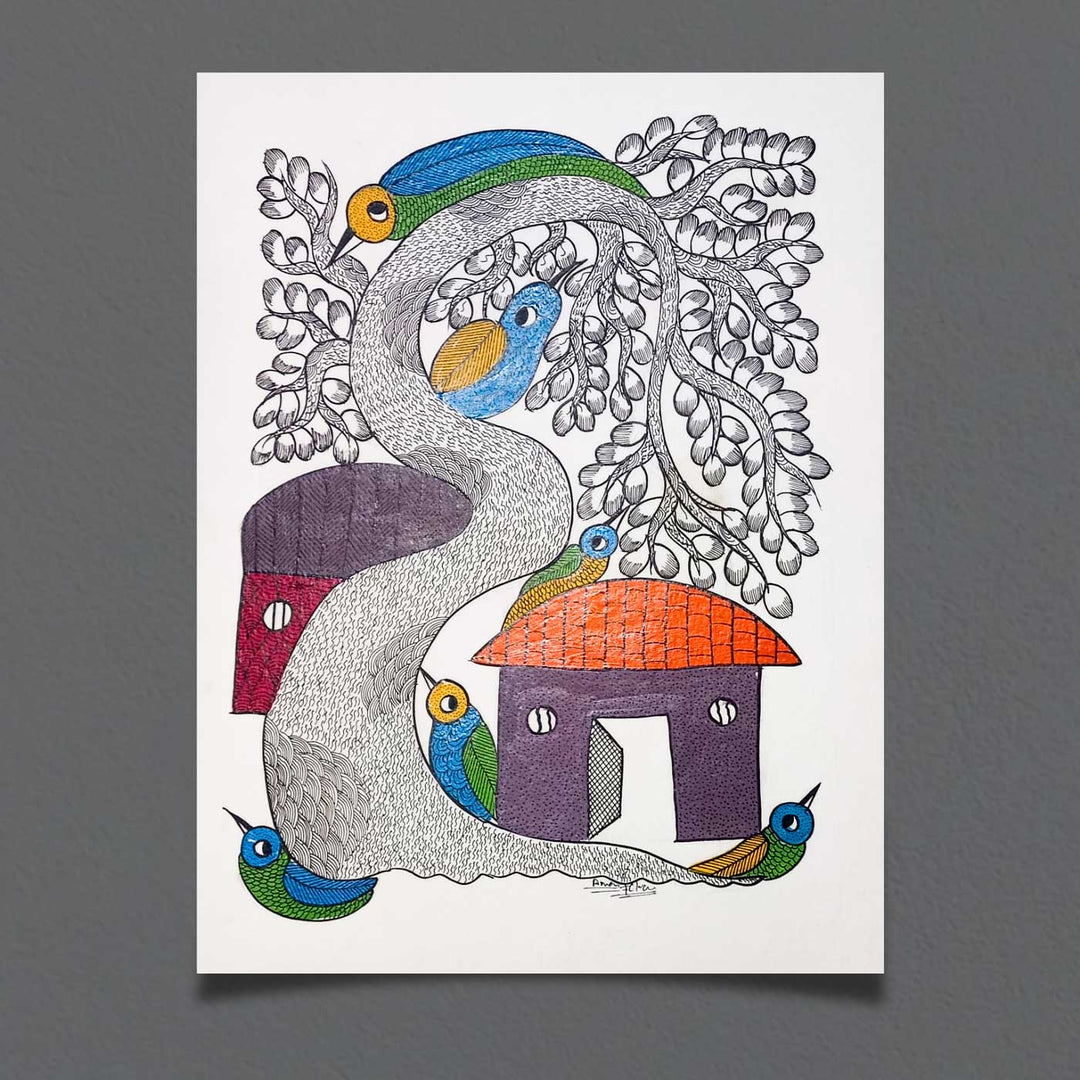 11 x 15 Inch | The Village that Sings | Original Hand Painted Tribal Gond Art Painting | Acrylic Paint On Paper