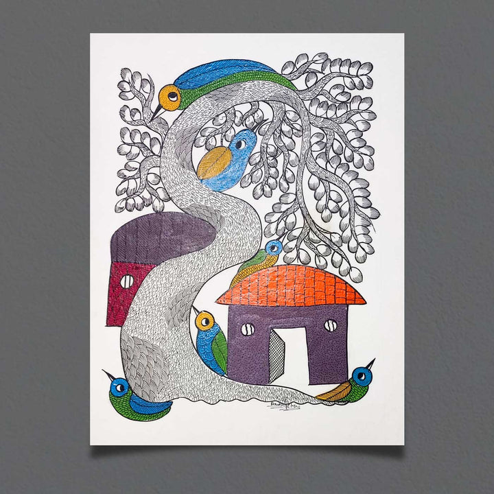 11 x 15 Inch | The Village that Sings | Original Hand Painted Tribal Gond Art Painting | Acrylic Paint On Paper