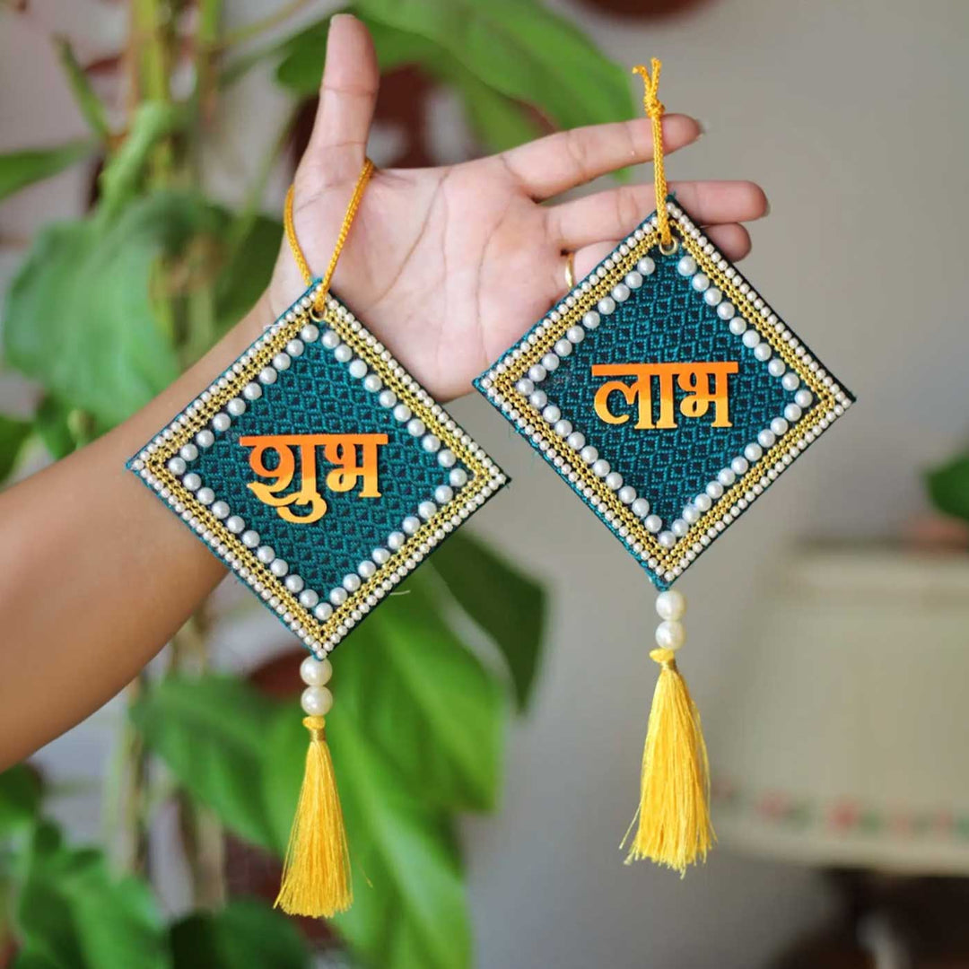 Set of 2 | Handcrafted Traditional Khun Fabric Shubh Labh Wall Hanging For Festive Decor