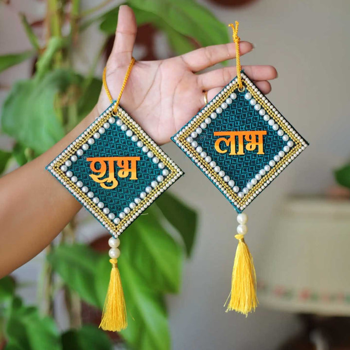 Set of 2 | Handcrafted Traditional Khun Fabric Shubh Labh Wall Hanging For Festive Decor