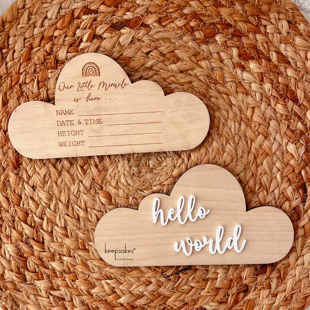 Personalized Cloud Theme Birch Wood Photo Prop With Birth Details For Newborn Photoshoot