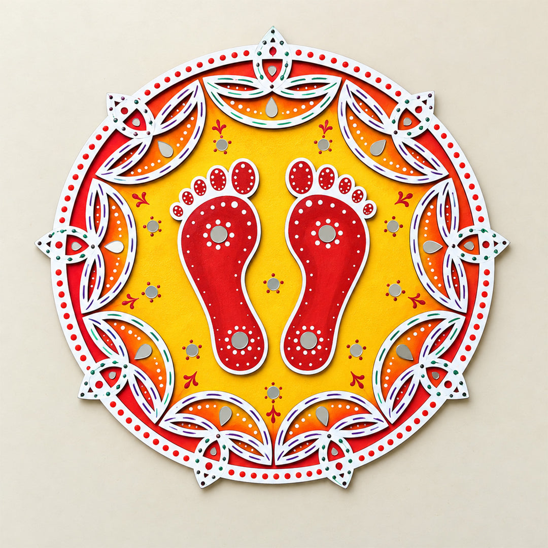Hand-Painted Shubh Charan Floral Round Rangoli For Festive Decor