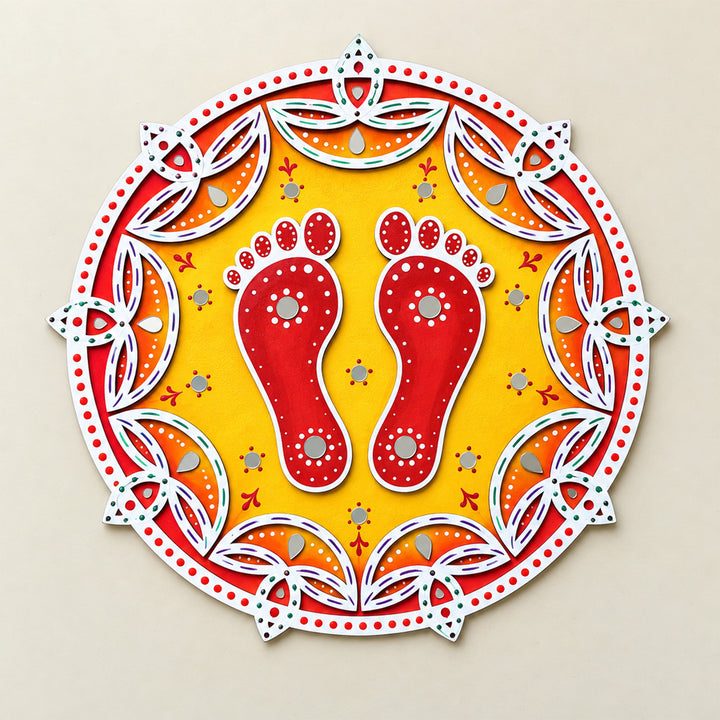 Hand-Painted Shubh Charan Floral Round Rangoli For Festive Decor
