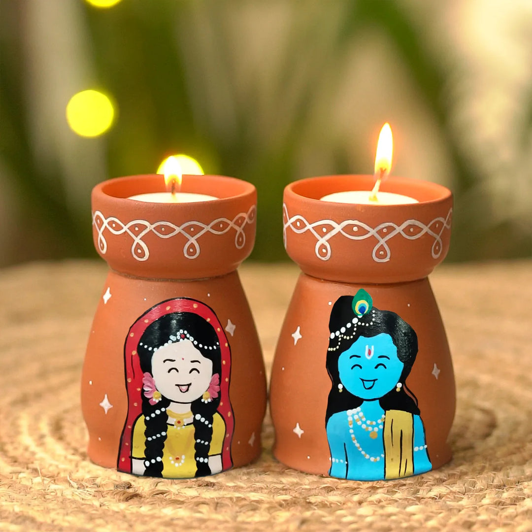 Hand-Painted Radha Krishna Terracotta Tealight Holder | Set Of 2