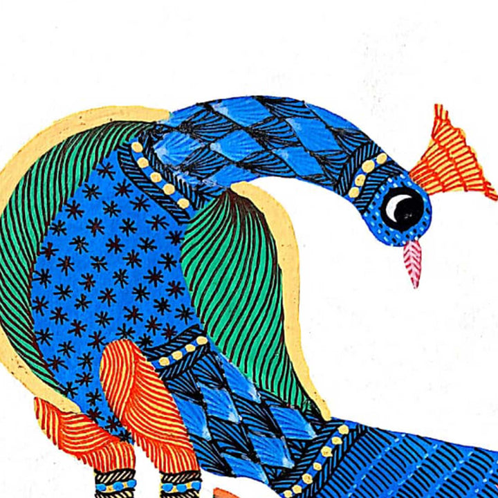 6 x 8 Inch | Peacock & Turtle | Original Hand painted Tribal Gond Art Painting | Acrylic Paints On Paper