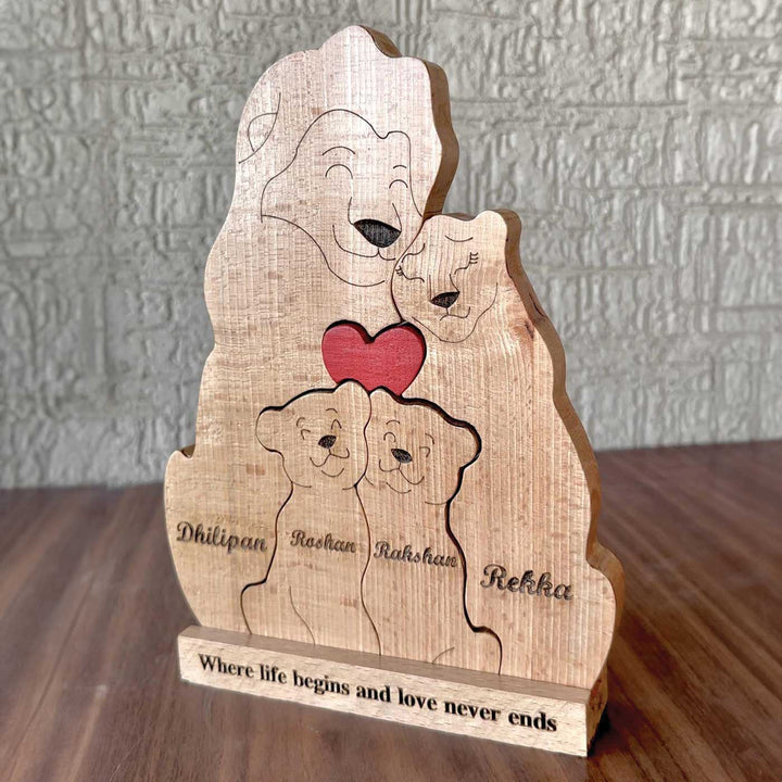 Personalized Lion Family With Kids Wooden Figurine
