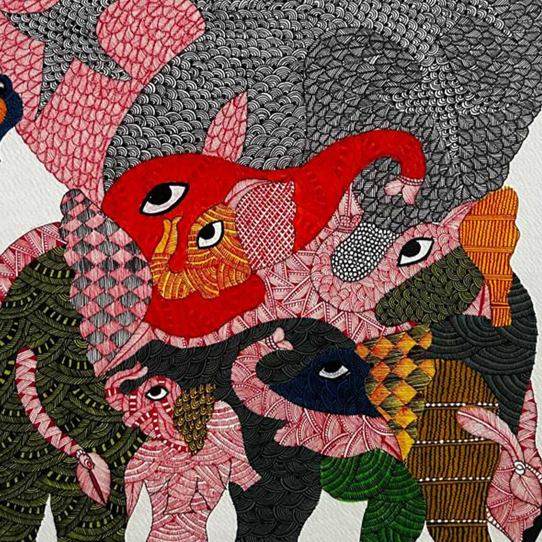 15 x 22 Inch | Elephants’ Canopy | Original Hand Painted Tribal Gond Art Painting | Acrylic Paints On Paper