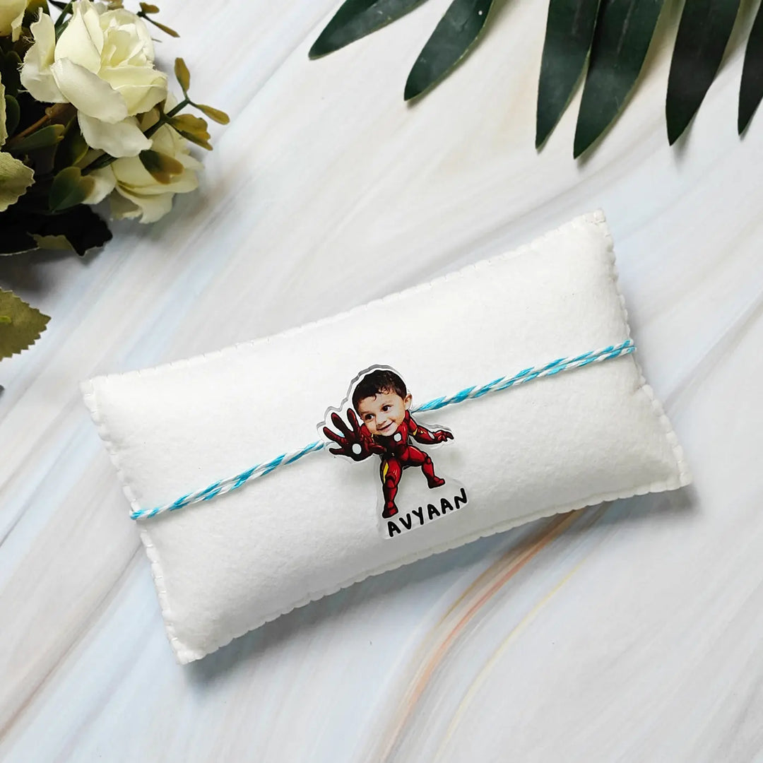 Photo Personalized Reusable Caricature Iron Man Theme Acrylic Kids Rakhi